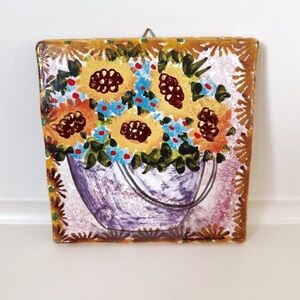 Floral painted trivet 6 inches